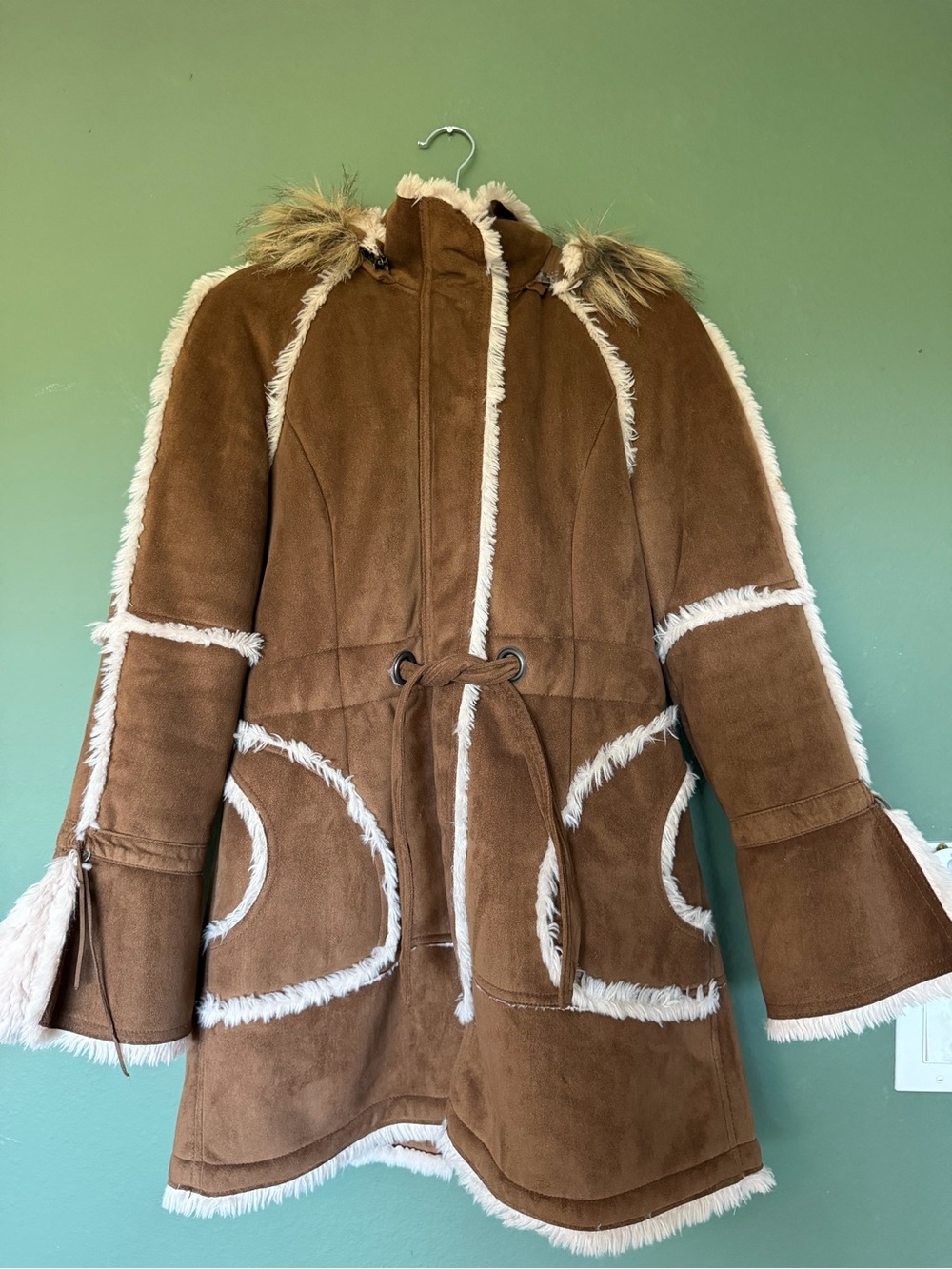Esprit Faux Suede Sherpa-Lined Coat Removable Faux Fur Hood Belted Jacket M